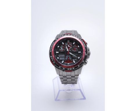 
	
		Citizen, Eco-Drive Red Arrows Skyhawk AT,
		Titanium bracelet watch
		Movement: Quartz chronograph
		Case: Titanium case