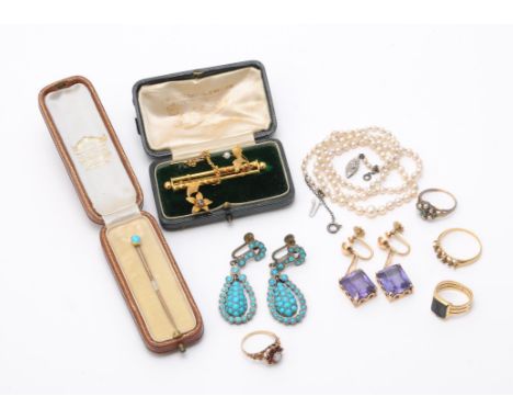 
	
		A collection of antique and later jewellery, to include an early 20th century carved bloodstone signet ring, the shield 