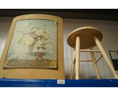 A fire screen and painted wooden stool