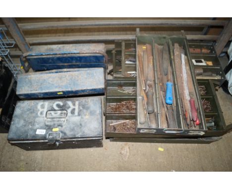 Two tool boxes and contents together with seven trays of various tools
