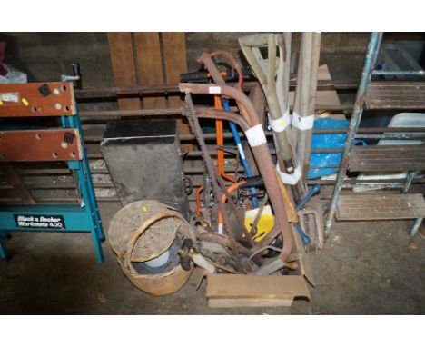 A quantity of gardening tools, wooden storage box etc