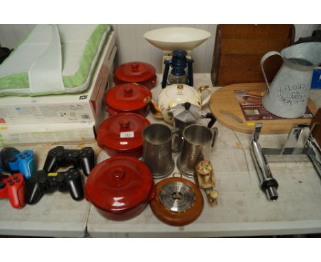 Four small casserole dishes with covers; a barometer; pewter tankards; tilly lamp; kitchen scales etc