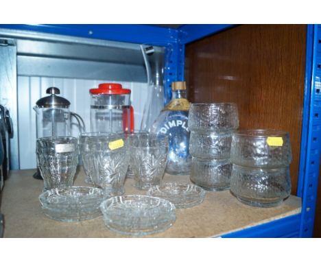 A collection of table glassware to include a Dimple whisky bottle