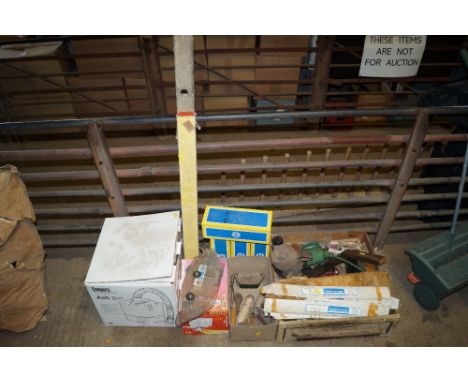 An ash bin, two spirit levels, flood light, various tools etc