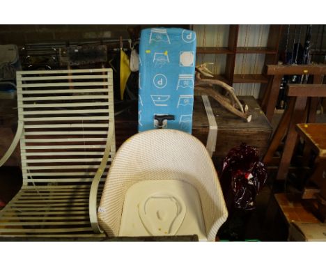 A Loom type commode together with an ironing board and walking stick