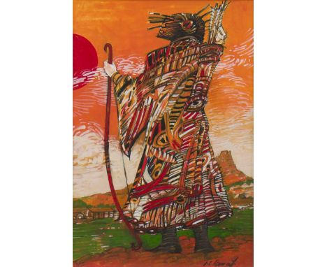 * NEIL LAMONT,ARROW AT A CRIMSON MOONegg tempera on paper, signed22cm x 14.5cmMounted, framed and under glass