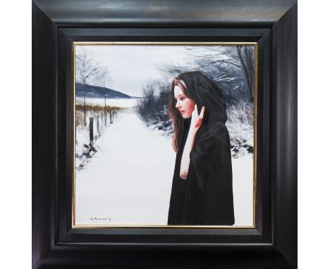 * GERARD BURNS,GIRL WITH CLOAK IN WINTERoil on canvas, signed 60cm x 60cm FramedProvenance: From a Glasgow gentleman's privat