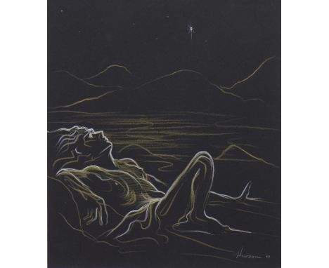 * PETER HOWSON OBE, NUDE BASKING IN THE MOONLIGHT mixed media on black paper, signed 30cm x 28cm Mounted, framed and under gl