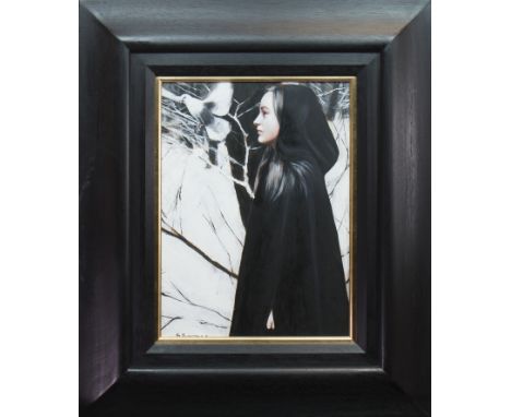 * GERARD BURNS,BLACK CLOAK IN WINTERoil on board, signed 49cm x 36cmFramed and under glassProvenance: From a Glasgow gentlema