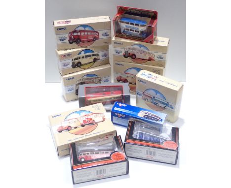 Ten boxed Corgi Commercials Buses , two Exclusive First Edition Coaches and a Models of Yesteryear Tram 