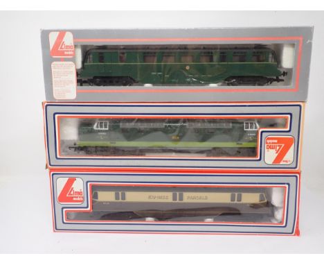 A boxed Lima 00 gauge Deltic 'Meld' diesel Locomotive and to boxed Lima diesel Railcars 