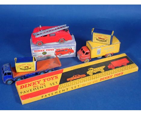 A boxed Dinky Toys No.955 Fire Engine, an unboxed Big Bedford 'Heinz', an unboxed Foden Flatbed Lorry, a boxed No.754 Pavemen