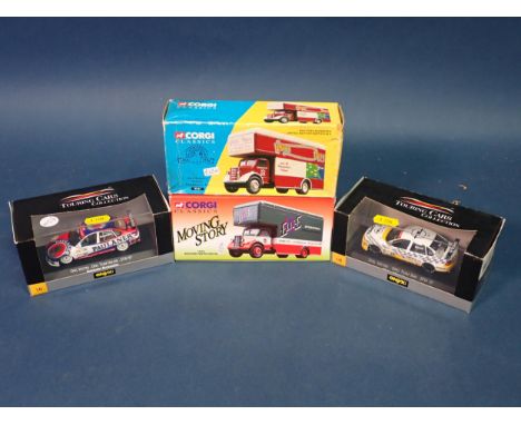 A boxed Corgi Classics Elite International Van and Watts Bros Van and two boxed Onyx Vectra Touring Cars 