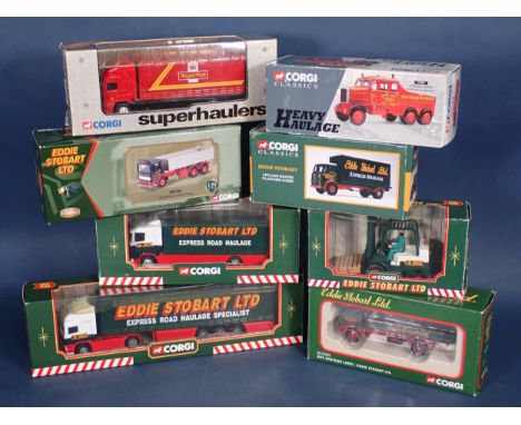 Six boxed Corgi Eddie Stobart models, a Superhaulers Royal Mail Lorry and a Heavy Haulage Scammell 