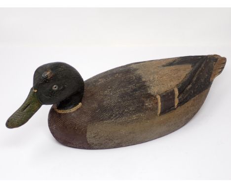 A vintage carved and painted drake Mallard Decoy with glass eyes 16 1/2in L 