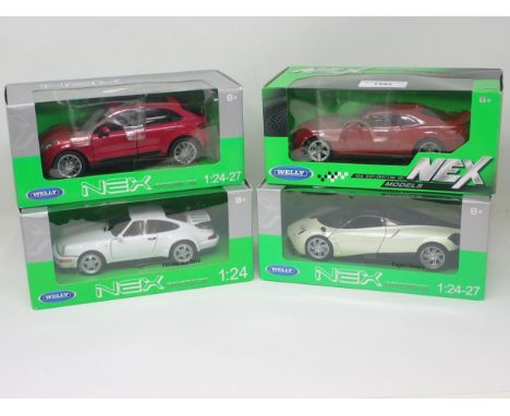 Four boxed Nex 1:24 and 1:26-27 scale Models including Chevrolet Camaro, Pagani Huayra, Porsche Macan Turbo and Porsche 964 T