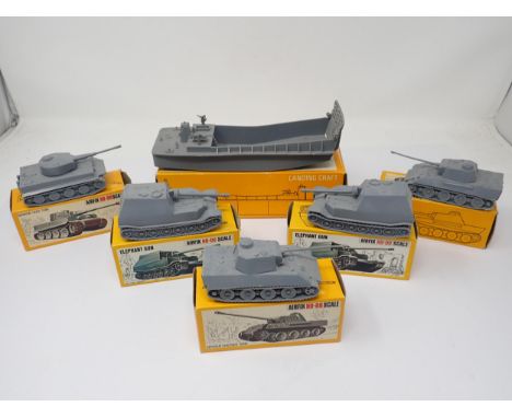 Six boxed Airfix H0-00 Scale ready to paint Military Vehicles including Landing Craft, two Panther Tanks, Tiger Tank and two 