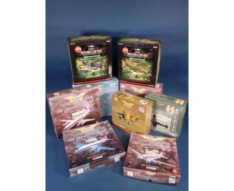 Nine boxed Corgi Aviation Archives and Predators of the Skies Models including Hawker Typhoon, Grunmann Hellcat, Sabre Jet Fi