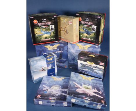 Nine boxed Corgi Aviation Archive and Predators of the Skies Models including De Haviland Vampire, Hercules, Boeing C-97A Str