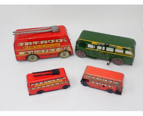 Two Brimtoy tinplate double decker Buses and two clockwork Buses 