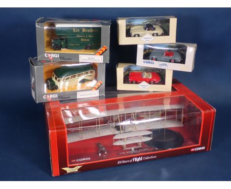 A boxed Corgi Aviation Archives 'The Wright Flyer', two boxed Corgi Classics Vans and three boxed Corgi Cars 