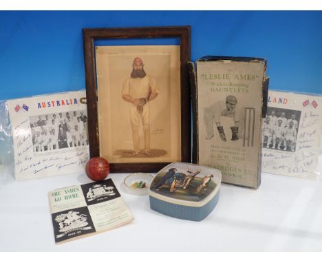 A boxed pair of 'Leslie Ames' Wicket Keeping Gauntlets, a Wisden Cricket Ball, Huntley &amp; Palmers Cricket Biscuit Tin, Ash