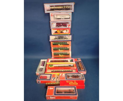 Two boxes of Hornby, Lima and Bachmann 00 gauge Coaches and Wagons 