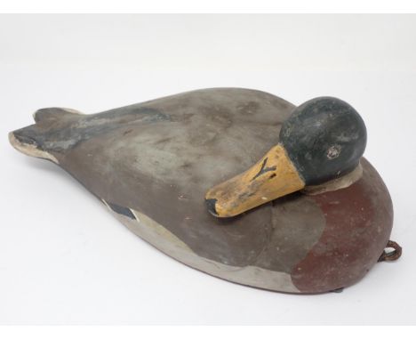 A vintage carved and painted Mallard drake Decoy with tethering lead eyelet 12 1/2in L 