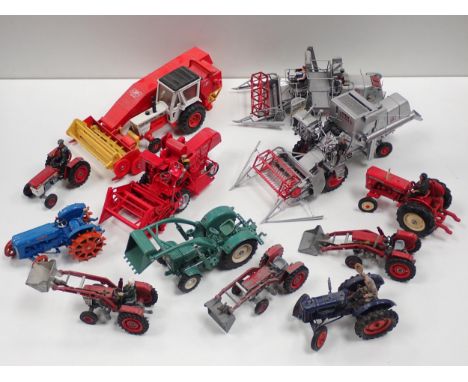 A box of unboxed Britains, Dinky, Corgi Toys and other Tractors and Combine Harvesters