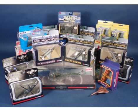 A box of boxed Corgi Aviation Archive Fighting Machines and other Model Aircraft and a wooden Diorama displaying two Battlesh