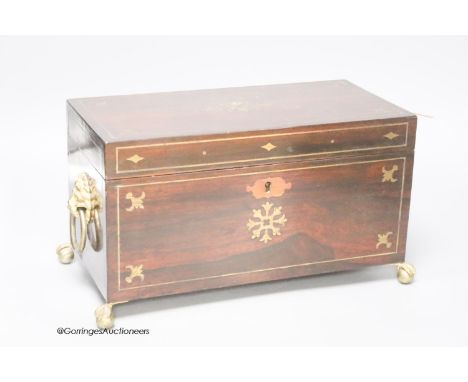   A Regency brass inlaid rosewood tea caddy, height 18cm