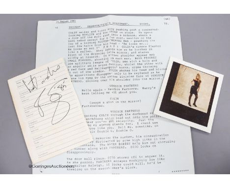   A David Bowie autograph on lined address book paper, dated 1985, along with a polaroid of Patsy Kensit and a section of the