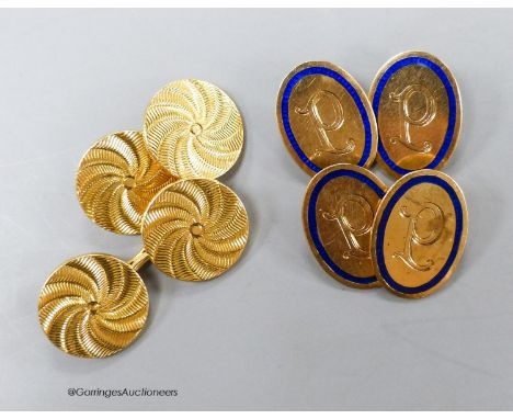   A pair of George V 9ct gold and blue enamel oval cufflinks, with engraved initial, gross 6.6 grams and one other pair of ye