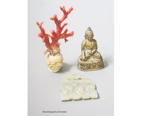   A coral and ivory miniature carving, height 9cm, a Buddha and a carved jade plaque