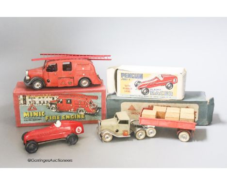   A Tri-ang Minic pre-war mechanical horse and tractor, a Tri-ang Minic fire engine and a penguin racer, boxed