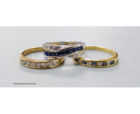   A modern 18ct gold and channel set sapphire and diamond half hoop ring, size R, gross 3 grams and two modern 9ct gold and g