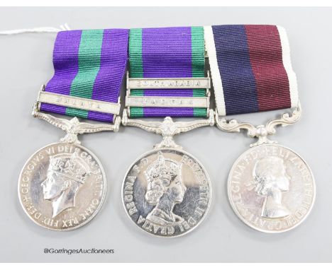   Trio of medals to N4021907, Corporal R J Galloway, RAF comprising GVI GSM with Malaya clasp, QEII GSM with South Arabia and