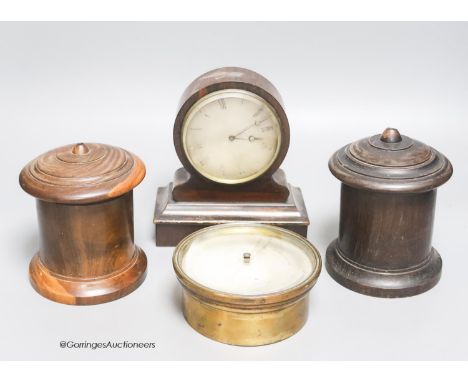   Mixed collection: a small rosewood VAP timepiece, a barometer, two lignum vitae string boxes, a Japanese lacquer album