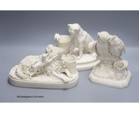   Three Parian Ware animal groups/spill holders, comprising, 'Imposing on Good Nature', 'Match Making' and another by R. J. M