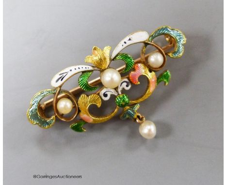   An early 20th century yellow metal enamel and seed pearl set drop brooch, 33mm, gross 5 grams (enamel a.f.).