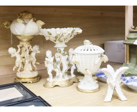  A group of Moore Bros porcelain including a lamp, centrepiece etc
