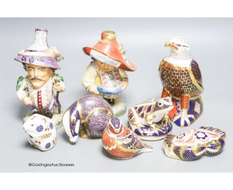   A Group of Royal Crown Derby animal and bird ceramic paperweights and two Mansion House dwarf figures (8)