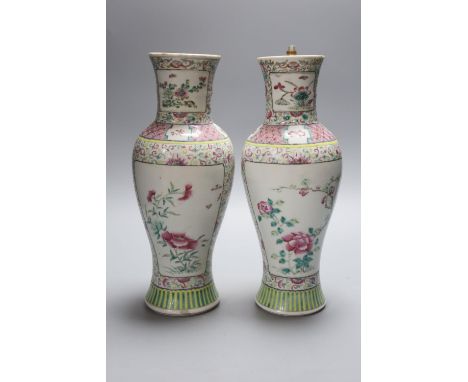   A pair of 19th century Chinese famille rose vases- ex lamp bases, height 31.5cm