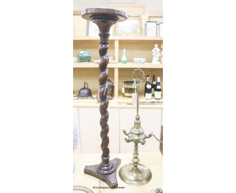   An 18th/19th century brass five light oil lamp and a lead-weighted mahogany barley-twist candlestand, tallest 77cm