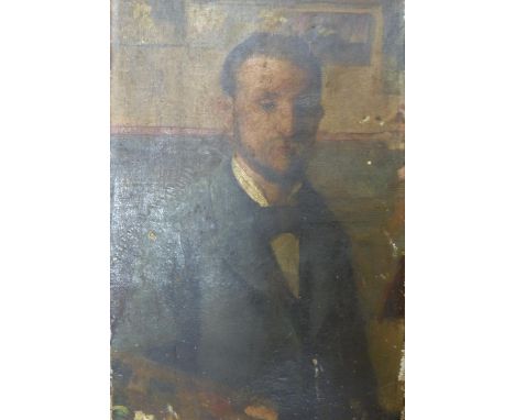   French School c.1900, oil on canvas, Portrait of an artist holding his palette, 33 x 21.5cm, unframed
