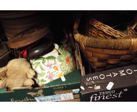 A mixed selection of items to include 'bread' crock pot, lamp, baskets, books etc