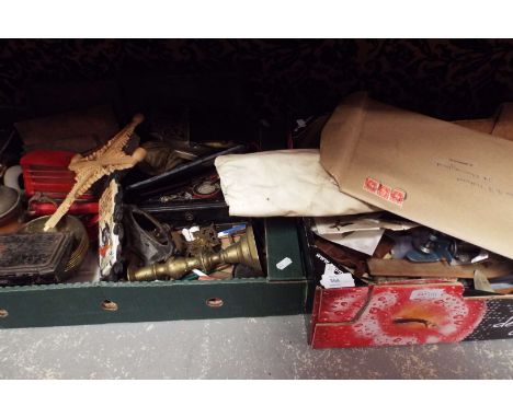 Two boxes of assorted items to include enamel sign, clock, metal tin, equipment, collectables etc