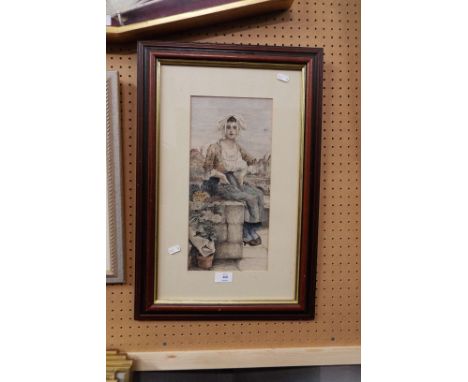 A pen and watercolour portrait of a lady in continental costume, framed