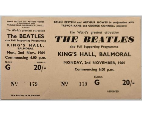 An original and rare complete ticket for The Beatles at Kings Hall, Balmoral on Monday 2nd November 1964. Measures 16 x 9.5cm