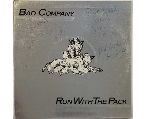 A copy of Bad Company - Run With The Pack (ILPSP 9346) signed to front of sleeve by Boz Burrell, SImon Kirke, Paul Rodgers. S